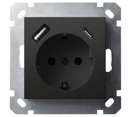 Розетка SHUKO Jasmart с USB тип USB A-C с защитными шторками черный матовый (soft touch) 25W 16A 250