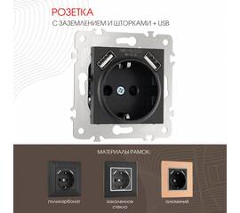 Розетка с заземлением, шторками + USB Arte Milano 203.47-1.black