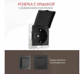 Розетка с заземлением, шторками и защитной крышкой Arte Milano 206.41-1.black