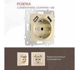 Розетка с заземлением, шторками + 2 USB Arte Milano 206.47-1.shampan