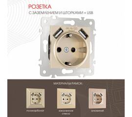 Розетка с заземлением, шторками + USB Arte Milano 203.47-1.shampan