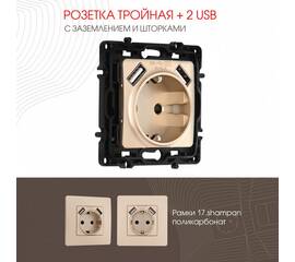 Розетка с заземлением, шторками + 2 USB Arte Milano 217.47-1.shampan