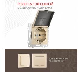 Розетка с заземлением, шторками и защитной крышкой Arte Milano 206.41-1.shampan