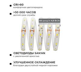 Комплект светодиодной ленты Apeyron 12В 4.8Вт/м smd 3528 60 д/м IP65 5м 3000K (блок, коннектор) 10-2
