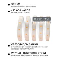 Светодиодная лента Apeyron 220В 6Вт/м smd2835 60д/м IP65 600Лм/м 15м 6500К 10-54