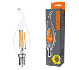 Лампа светодиодная филаментная WOLTA 7Вт 3000K Е14 свеча на ветру прозрачная WF-CT35-7W3KE14