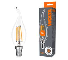 Лампа светодиодная филаментная WOLTA 7Вт 4000K Е14 свеча на ветру прозрачная WF-CT35-7W4KE14