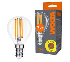 Лампа светодиодная филаментная WOLTA 7Вт 3000K Е14 шар прозрачный WF-G45-7W3KE14