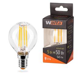 Лампа светодиодная филаментная WOLTA 5Вт 3000K Е14 шар прозрачный 25Y45GLFT5E14