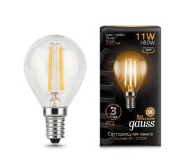 Лампа светодиодная филаментная Gauss E14 11W 2700К прозрачная 105801111