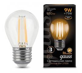 Лампа светодиодная филаментная Gauss E27 9W 2700K прозрачная 105802109