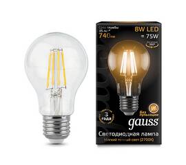 Лампа светодиодная филаментная Gauss E27 8W 2700К прозрачная 102802108