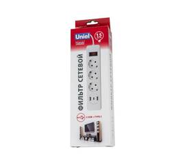 Сетевой фильтр серии Uniel Standard. шнур 1.5м Пвс 3х0.75. 3 гнезда. с-з. 2USB+1TYPE C. 10A. 2500Вт.