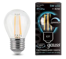 Лампа светодиодная диммируемая Gauss филаментная E27 5W 4100К прозрачная 105802205-D