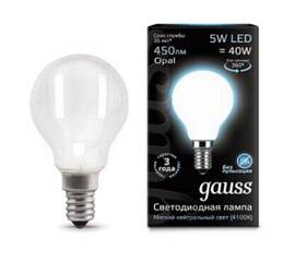 Лампа светодиодная филаментная Gauss E14 5W 4100К матовая 105201205