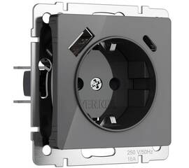 Розетка с заземлением, шторками и USB тип A+C Werkel графит акрил W1171744 4690389197536