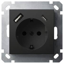 Розетка SHUKO Jasmart с USB тип USB A-C с защитными шторками черный матовый (soft touch) 25W 16A 250