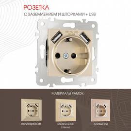 Розетка с заземлением, шторками + USB Arte Milano 203.47-1.shampan