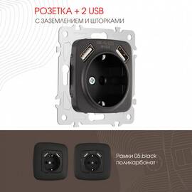 Розетка с заземлением, шторками + 2 USB Arte Milano 205.47-1.black