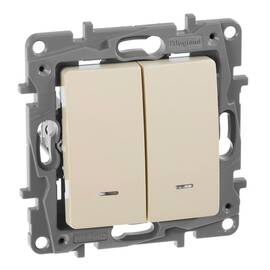 Выключатель 2-х клавишный с 2-х мест (переключатель) с подсветкой, слоновая кость