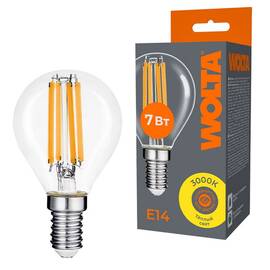 Лампа светодиодная филаментная WOLTA 7Вт 3000K Е14 шар прозрачный WF-G45-7W3KE14