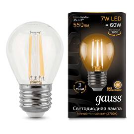 Лампа светодиодная филаментная Gauss E27 7W 2700К прозрачная 105802107