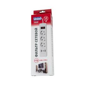 Сетевой фильтр серии Uniel Standard. шнур 1.5м Пвс 3х0.75. 3 гнезда. с-з. 2USB+1TYPE C. 10A. 2500Вт.