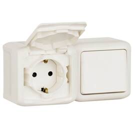 Блок выключатель одноклавишный и розетка 2К+З Legrand Quteo 16A 250V с/з со шторками крышкой IP44 белый 782318