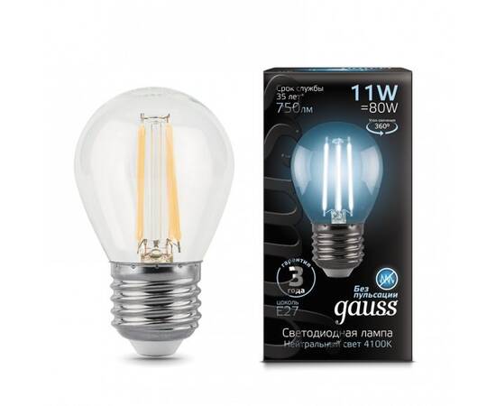 Лампа светодиодная филаментная Gauss E27 11W 4100K прозрачная 105802211