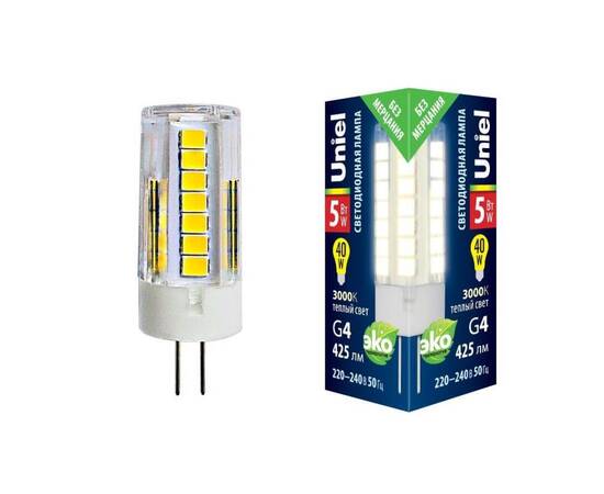 Лампа светодиодная (UL-00006744) Uniel G4 5W 3000K прозрачная LED-JC-220/5W/3000K/G4/CL GLZ09TR