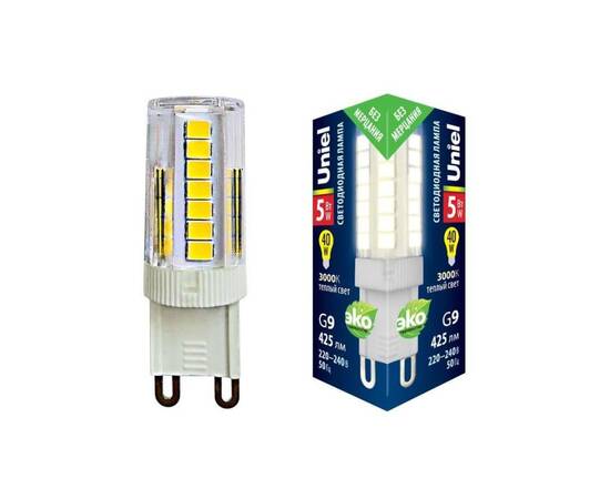 Лампа светодиодная (UL-00006748) Uniel G9 5W 3000K прозрачная LED-JCD-5W/3000K/G9/CL GLZ09TR