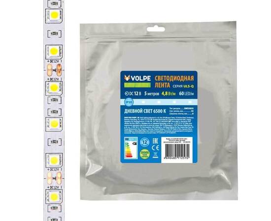 Светодиодная лента Volpe 4,8W/m 60LED/m 2835SMD холодный белый 5M ULS-Q320 2835-60LED/m-8mm-IP20-DC1