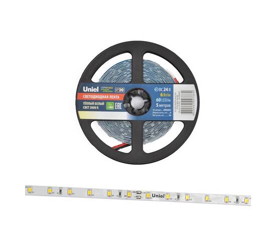 Светодиодная лента Uniel ULS-2835-60LED/m-8mm-IP20-DC24V-6W/m-5M-WW катушка в герметичной упаковке