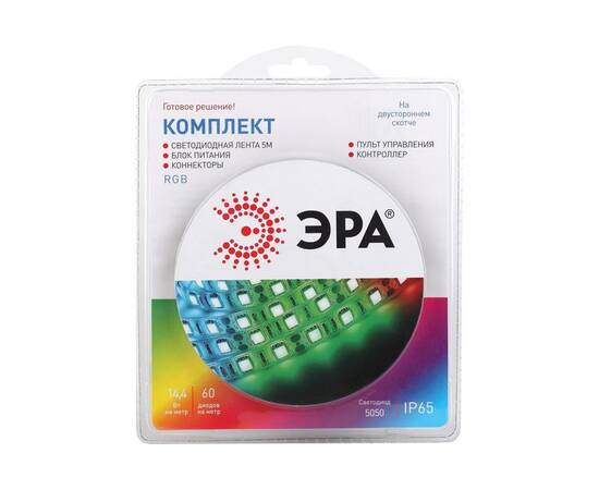 Светодиодная влагозащищенная лента ЭРА 14,4W/m 60LED/m 5050SMD RGB 5M 5050kit-14,4-60-12-IP65-RGB-5m, изображение 4