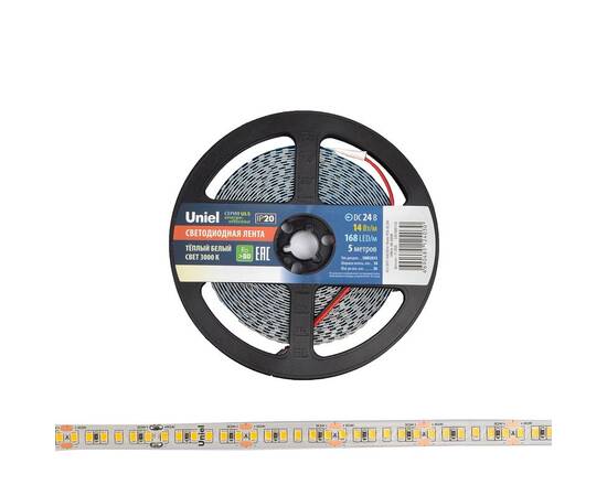 Светодиодная лента Uniel ULS-2835-168LED/m-10mm-IP20-DC24V-14W/m-5M-3000K катушка в герметичной упак, изображение 3