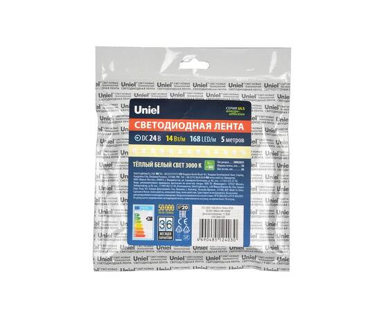 Светодиодная лента Uniel ULS-2835-168LED/m-10mm-IP20-DC24V-14W/m-5M-3000K катушка в герметичной упак, изображение 4