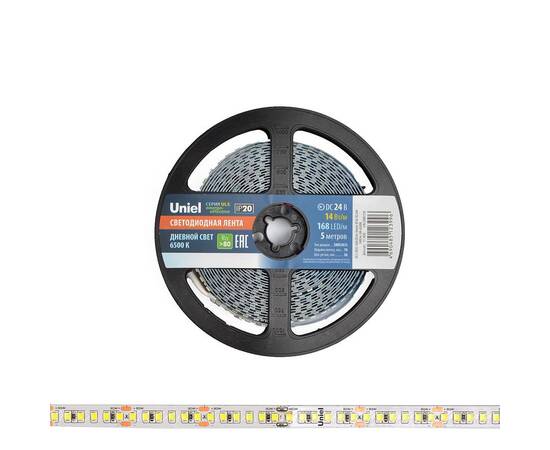 Светодиодная лента Uniel ULS-2835-168LED/m-10mm-IP20-DC24V-14W/m-5M-6500K катушка в герметичной упак, изображение 3