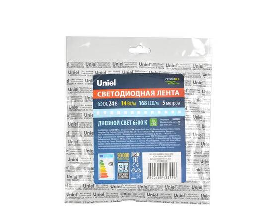 Светодиодная лента Uniel ULS-2835-168LED/m-10mm-IP20-DC24V-14W/m-5M-6500K катушка в герметичной упак, изображение 4