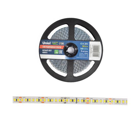 Светодиодная лента Uniel ULS-2835-168LED/m-10mm-IP20-DC24V-14W/m-5M-4000K катушка в герметичной упак, изображение 4