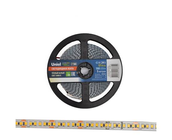 Светодиодная лента Uniel ULS-2835-180LED/m-10mm-IP20-DC24V-17W/m-5M-3000K катушка в герметичной упак, изображение 3