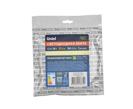 Светодиодная лента Uniel ULS-2835-180LED/m-10mm-IP20-DC24V-17W/m-5M-3000K катушка в герметичной упак, изображение 4