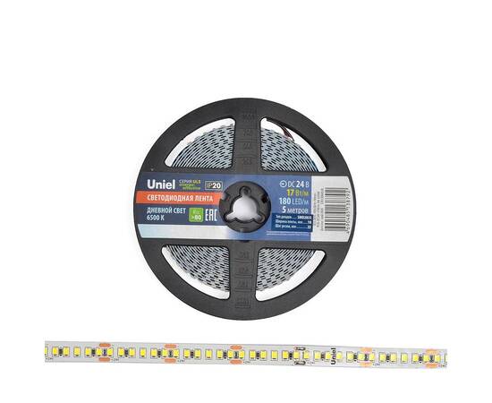 Светодиодная лента Uniel ULS-2835-180LED/m-10mm-IP20-DC24V-17W/m-5M-6500K катушка в герметичной упак, изображение 3