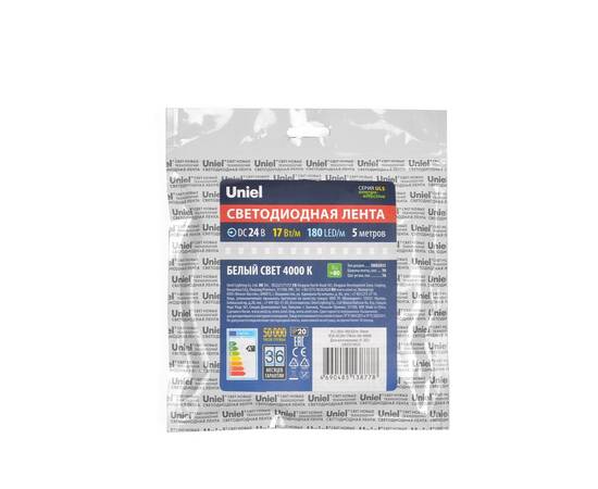 Светодиодная лента Uniel ULS-2835-180LED/m-10mm-IP20-DC24V-17W/m-5M-4000K катушка в герметичной упак, изображение 4