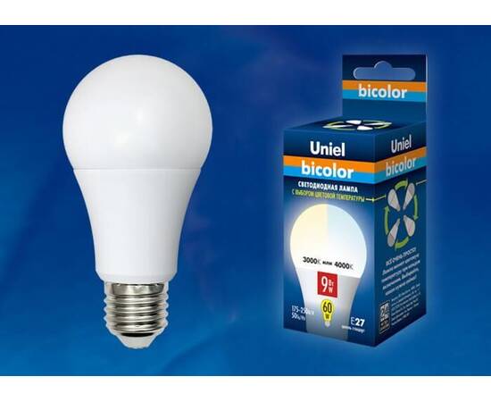 Лампа светодиодная (UL-00001569) Uniel E27 9W 4000K матовая LED-A60-9W/WW+NW/E27/FR PLB01WH, изображение 2