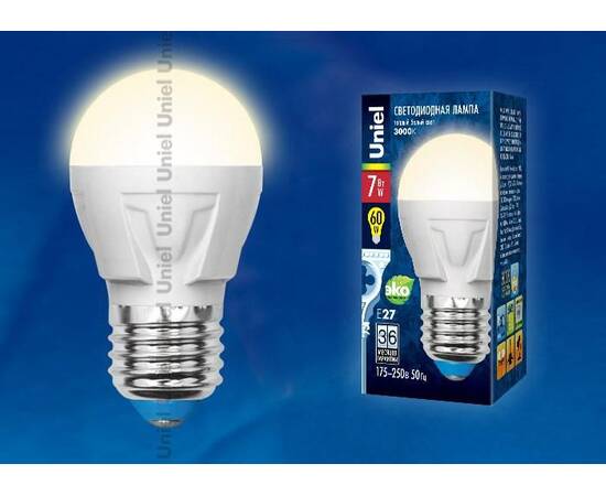 Лампа светодиодная (UL-00002419) Uniel E14 7W 3000K матовая LED-G45 7W/WW/E14/FR PLP01WH, изображение 2