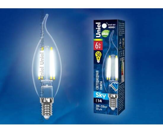 Лампа светодиодная филаментная (UL-00001373) Uniel E14 6W 4000K прозрачная LED-C35-6W/NW/E14/CL PLS0, изображение 2