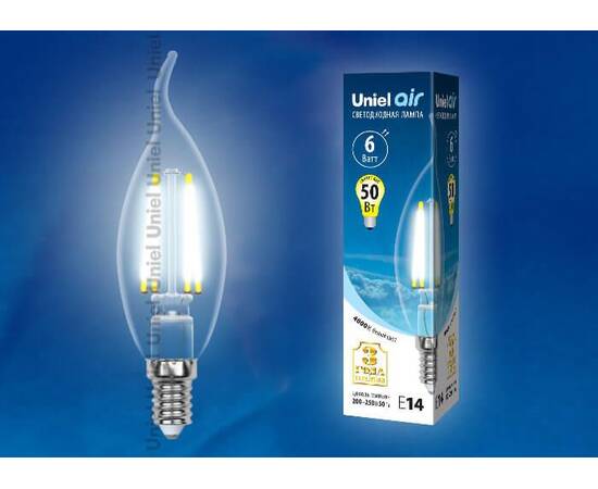 Лампа светодиодная филаментная (UL-00002229) Uniel E14 6W 4000K прозрачная LED-CW35-6W/NW/E14/CL GLA, изображение 2