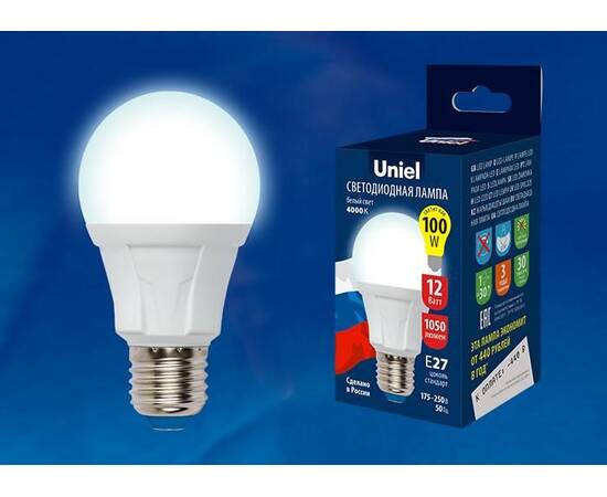 Лампа светодиодная (UL-00002004) Uniel E27 10W 6500K матовая LED-A60 10W/DW/E27/FR PLP01WH, изображение 2