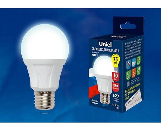 Лампа светодиодная (UL-00002003) Uniel E27 8W 6500K матовая LED-A60 8W/DW/E27/FR PLP01WH, изображение 2
