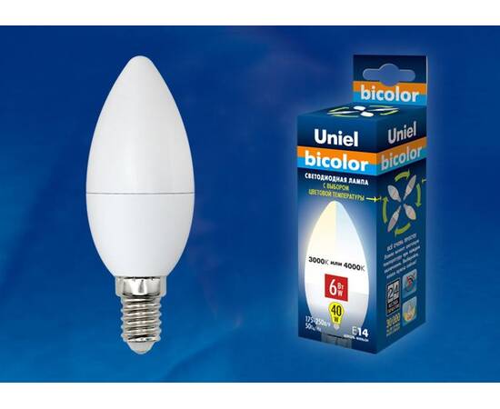 Лампа светодиодная (UL-00001570) Uniel E14 6W 4000K матовая LED-C37-6W/WW+NW/E14/FR PLB01WH, изображение 2